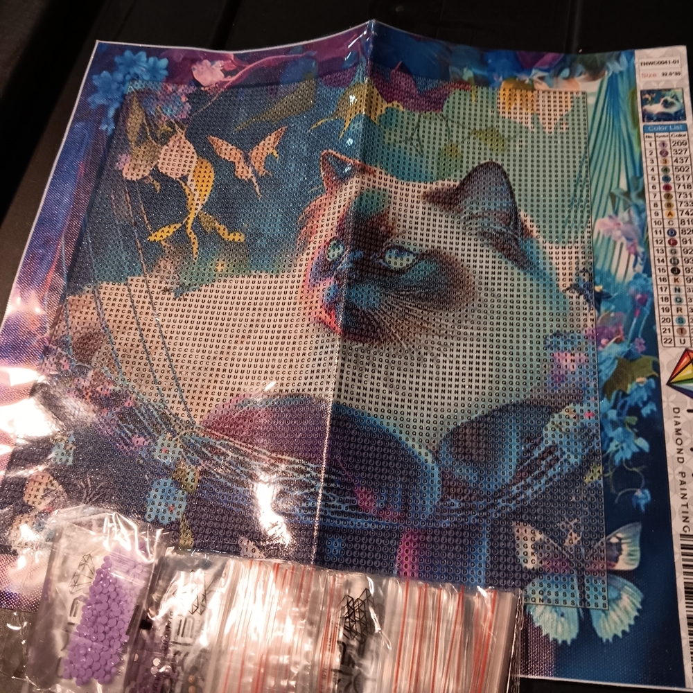 Blue and Purple Cat Diamond Painting Kit 32x30